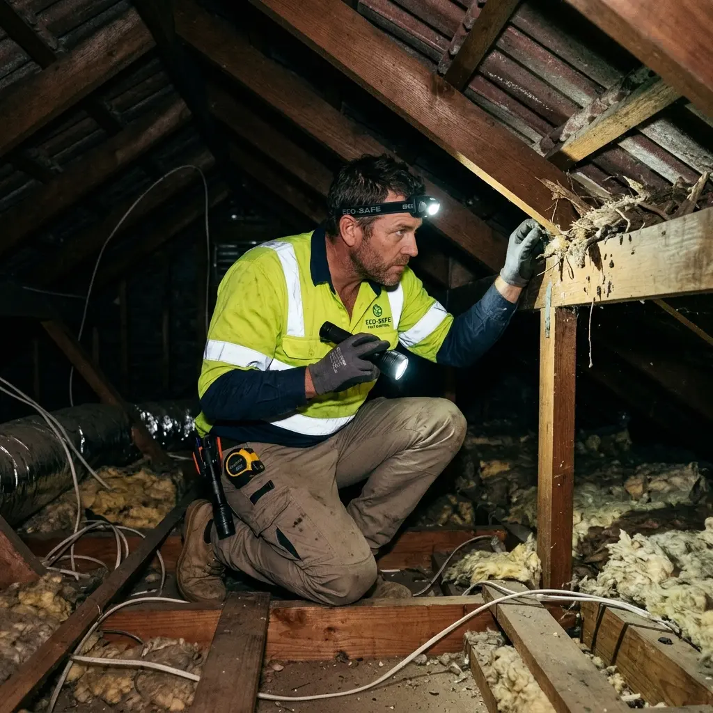 Technician inspecting a roof cavity for a dead animal in Essendon